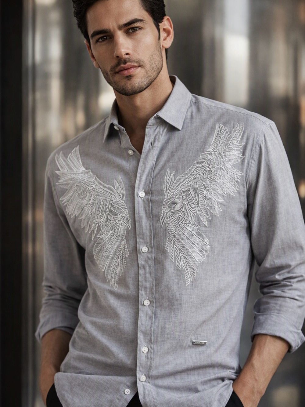Just Cavalli long sleeve button down cotton shirt with wings men’s dress shirt